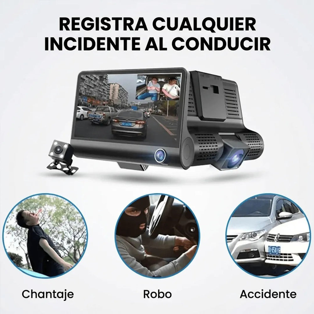 Cámara para Auto 3 en 1 — Dashcam Full HD con 3 lentes y cámara de reversa