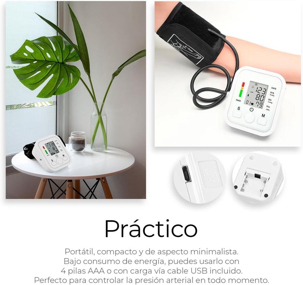 Monitor de presión arterial portátil, funciona con cable USB o 4 pilas AAA