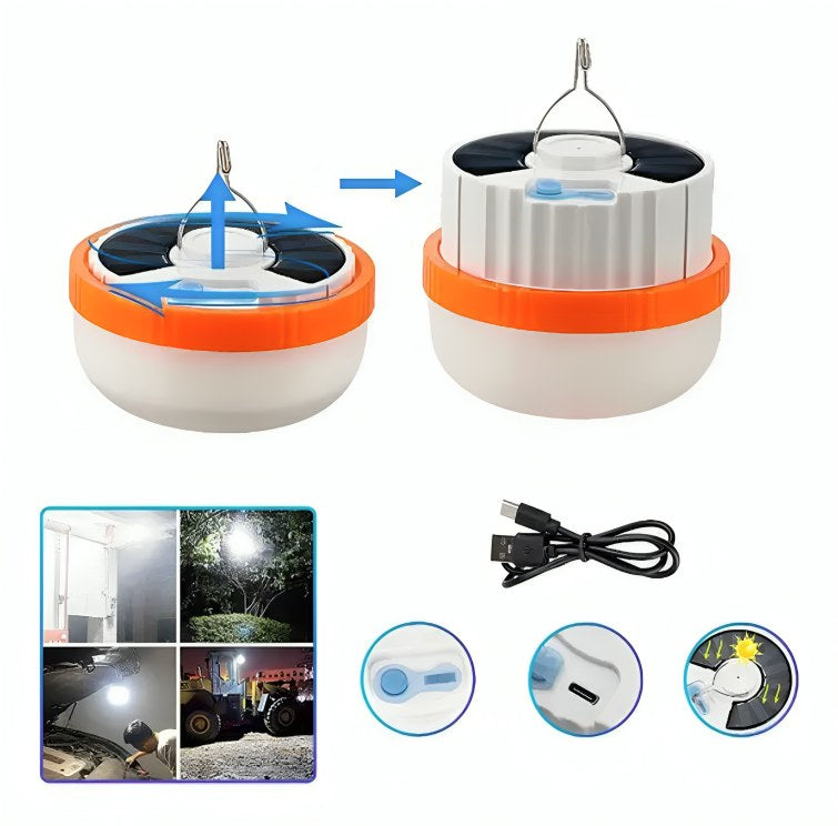 Bombilla con Panel Solar — Luz LED recargable por sol y USB, con gancho para colgar