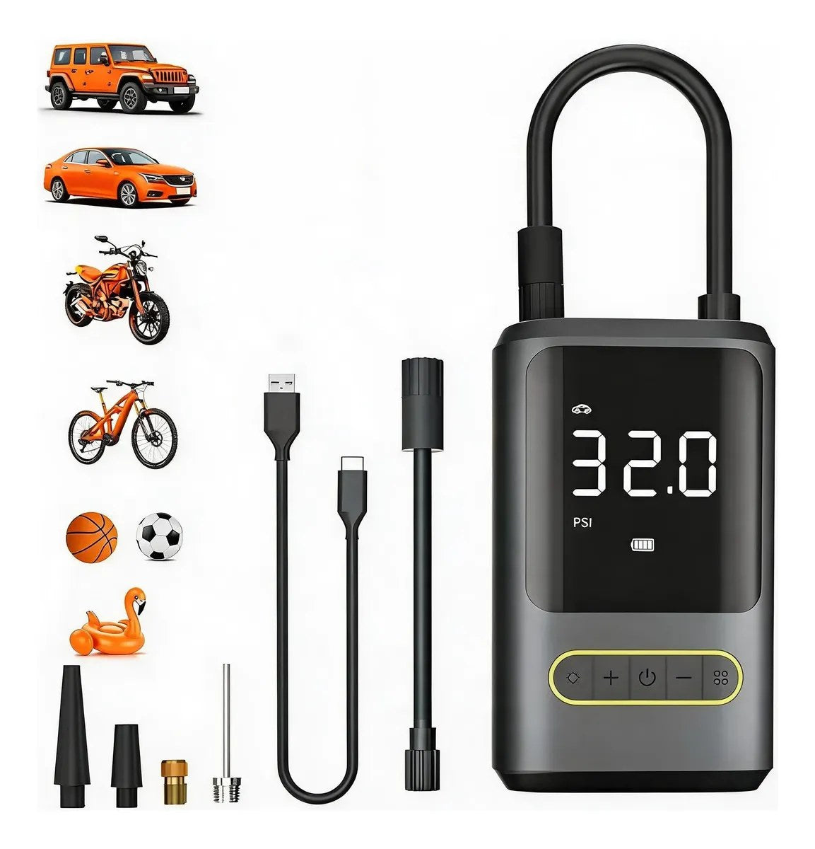 Inflador Portátil — inalámbrico, pantalla digital y auto-stop