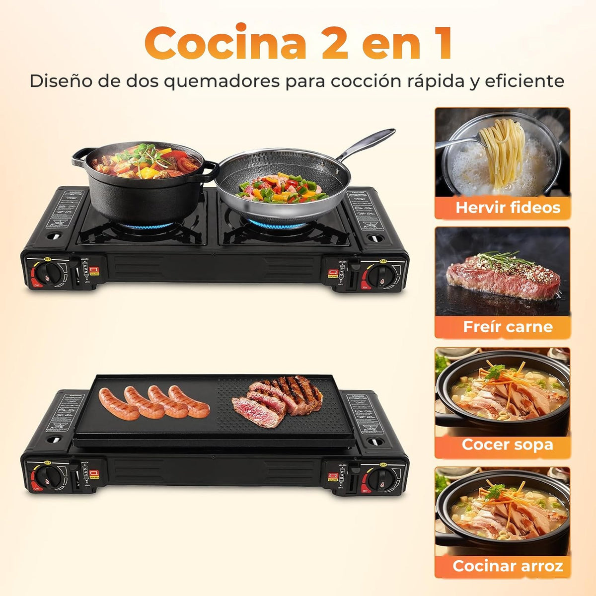 Cocina 2 en 1 con plancha y quemadores