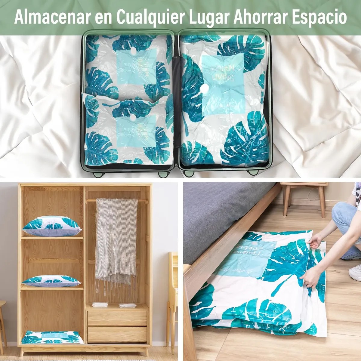 Bolsas al vacío guardadas en la maleta, el clóset y bajo la cama