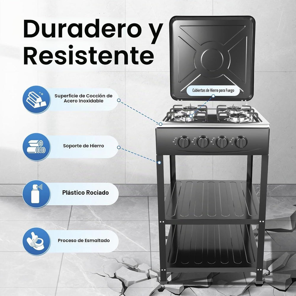 Cocineta 4 Hornillas — Cocina a gas sobre mesa con tapa, acero inoxidable y parrillas de hierro