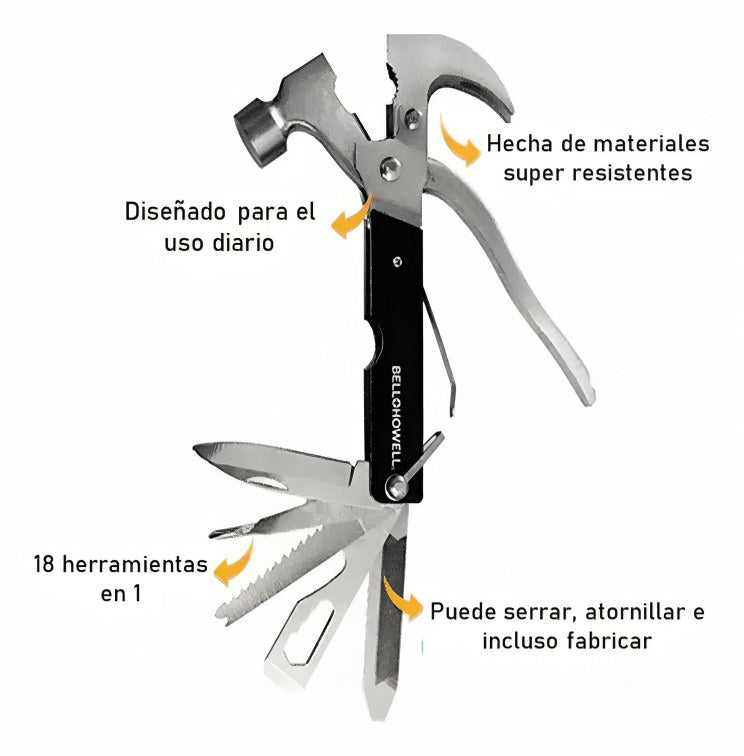 Martillo multiuso con sus 18 herramientas desplegadas