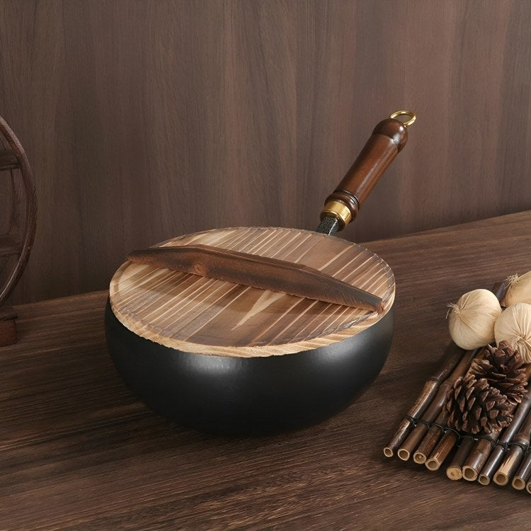 Cacerola Sartén Wok con Tapa de Madera — Acero al Carbono