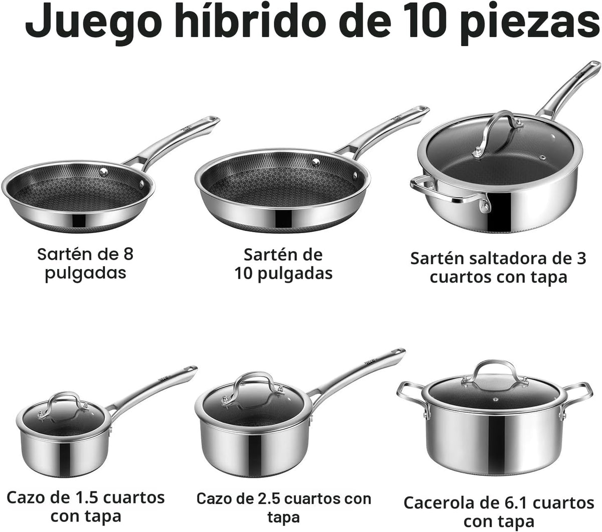 Set de Ollas y Sartenes SNOW — Acero Inoxidable 10 Piezas detalle