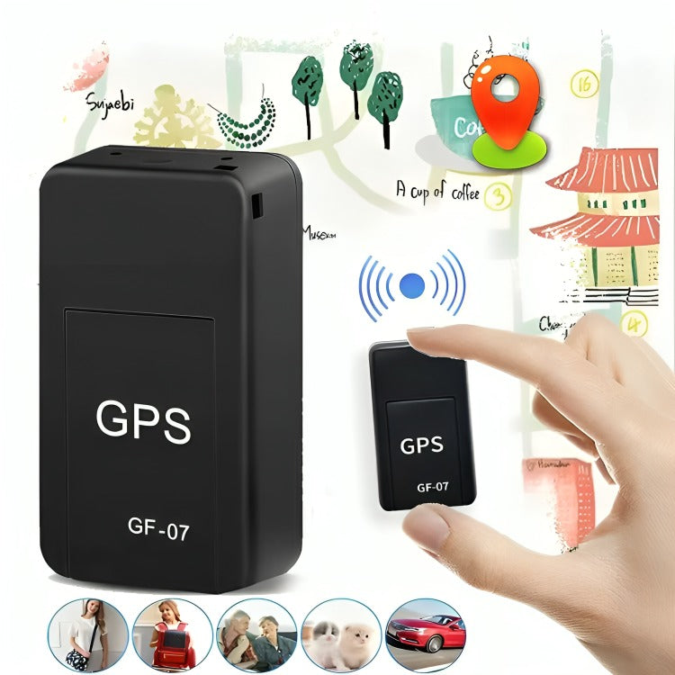 Mini GPS GF-07 en la mano, tamaño real