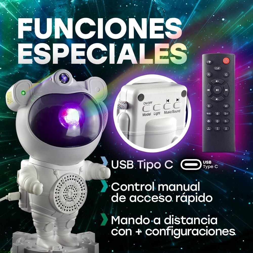 Funciones del proyector astronauta, USB-C y control