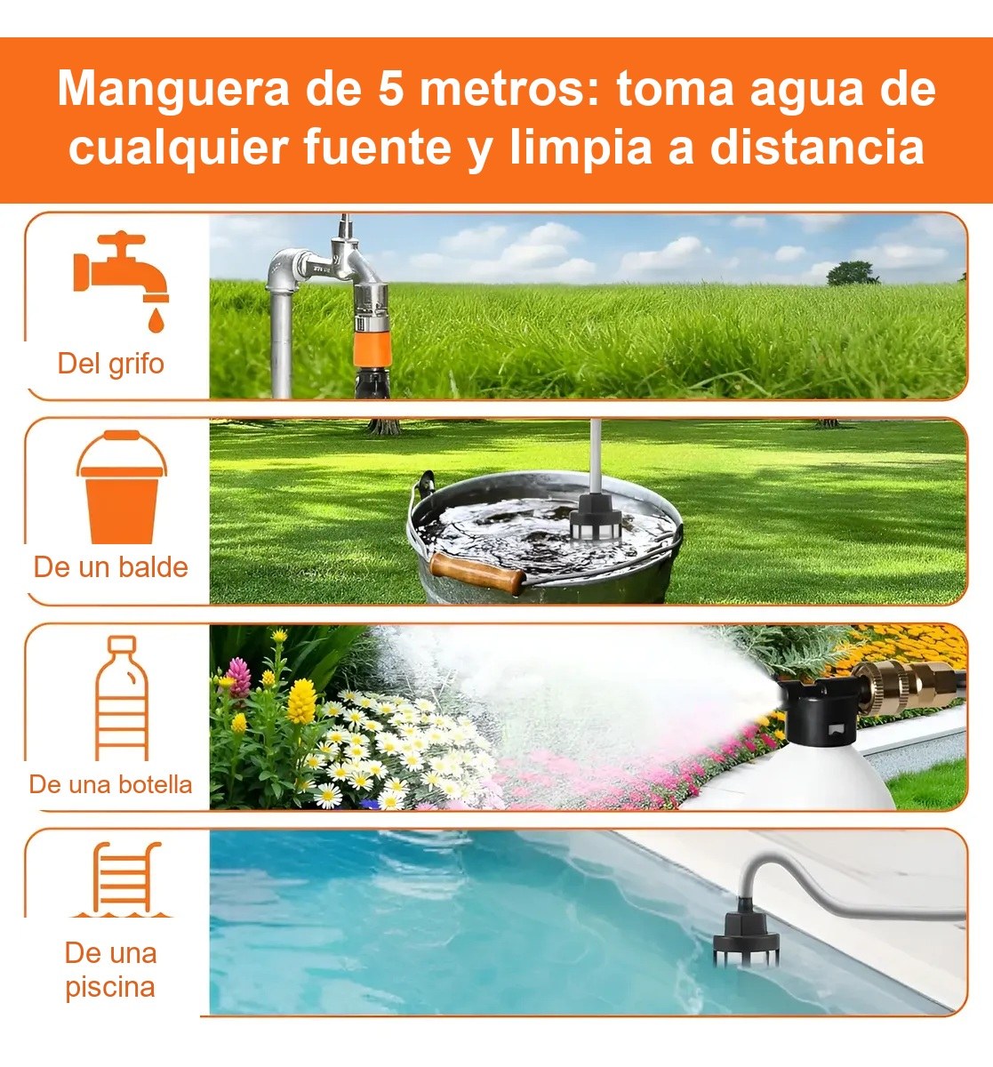 Manguera de 5 metros que toma agua de cualquier fuente