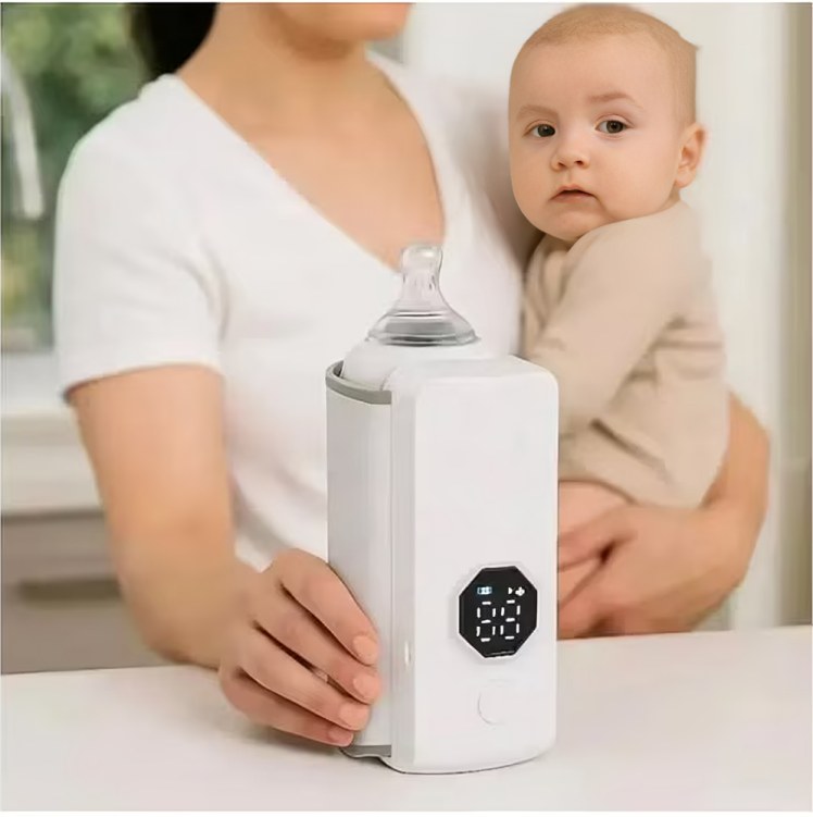 Mamá usando el calentador de leche con su bebé