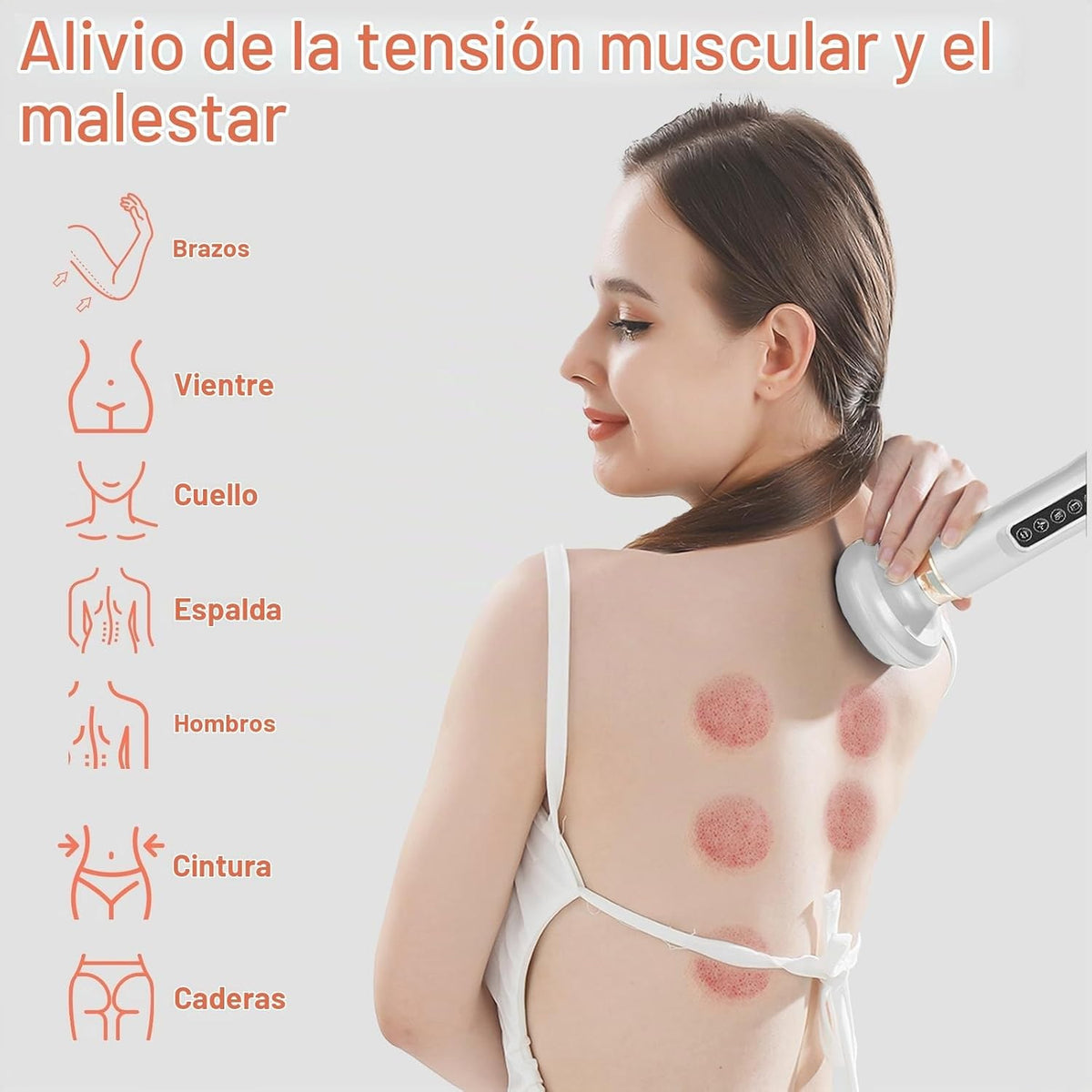 Zonas del cuerpo: brazos, vientre, cuello, espalda, hombros, cintura y caderas