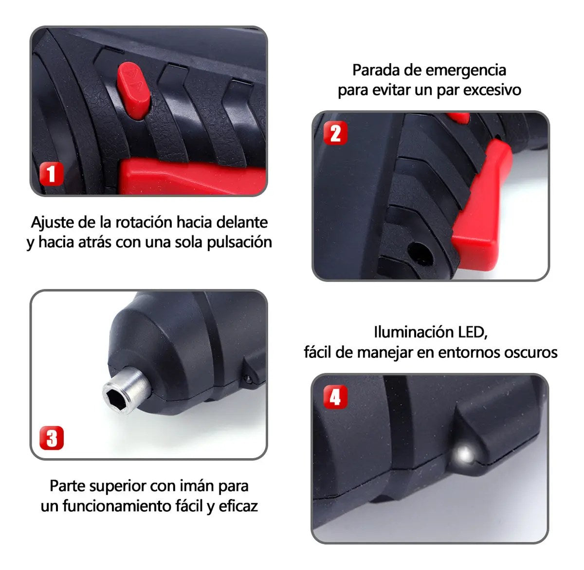 Avance, retroceso y luz LED del destornillador