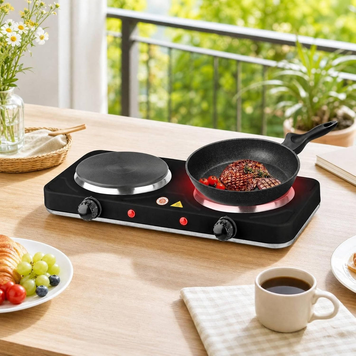 Estufa eléctrica 2 platos cocinando un bistec