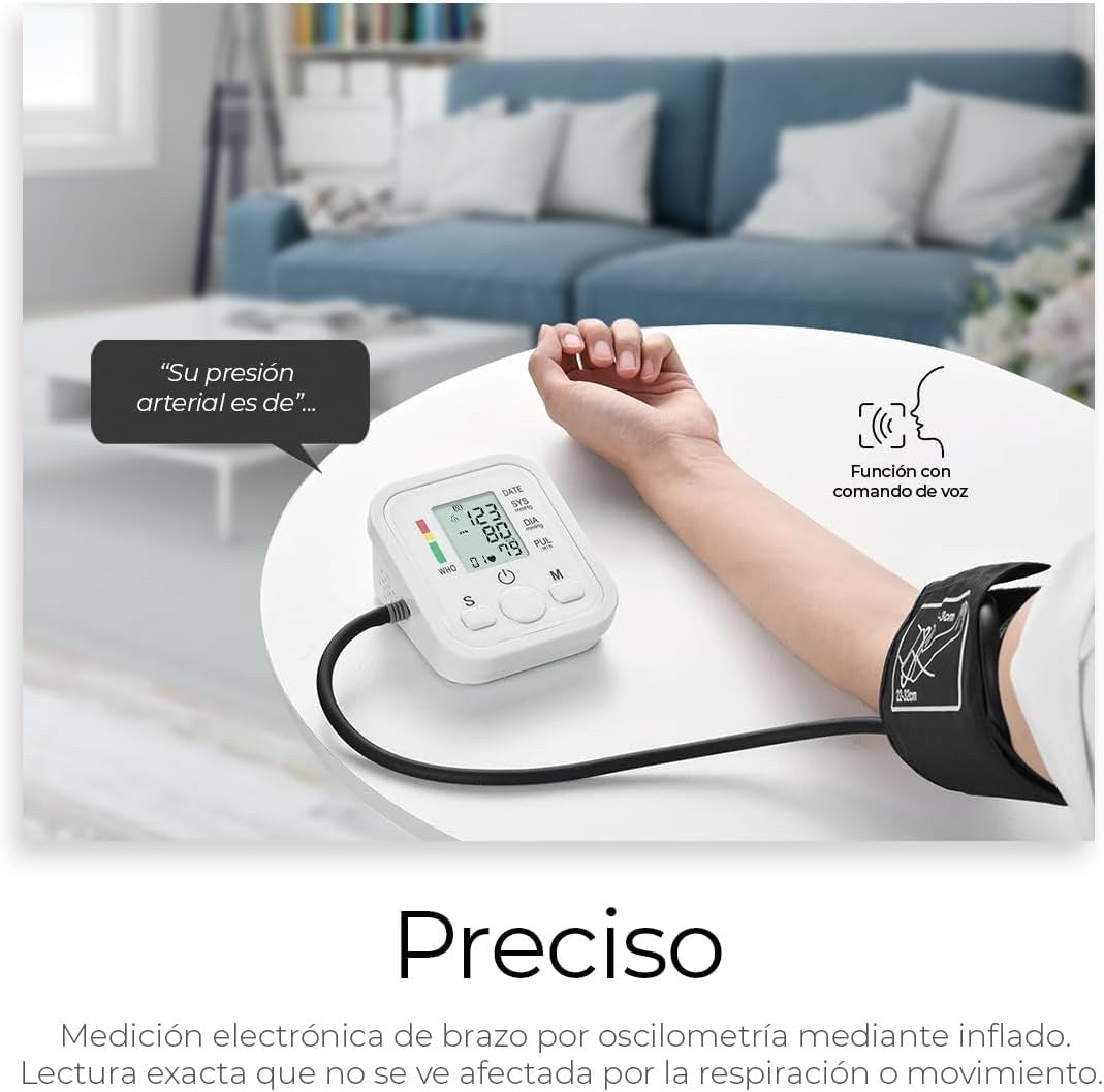 Medición de brazo con función de voz que dice la presión arterial