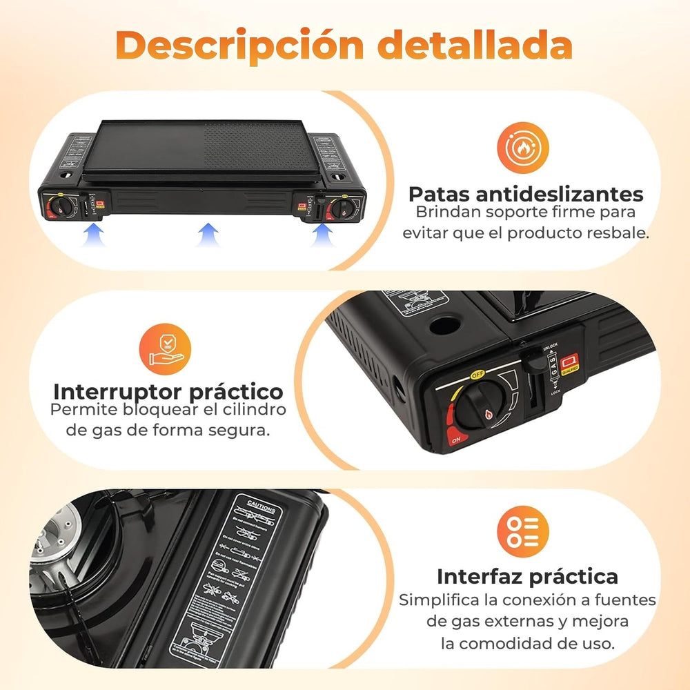 Cocina 2 Hornillas — Portátil a gas con plancha antiadherente y estuche, 2500W por quemador