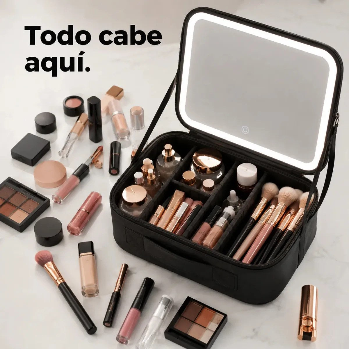 Capacidad del maletín: todo el maquillaje y las brochas ordenados