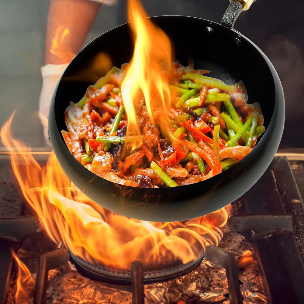 Cacerola Sartén Wok con Tapa de Madera — Acero al Carbono