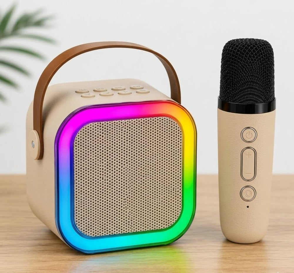 Parlante Altavoz K12 — Karaoke Bluetooth con 2 micrófonos inalámbricos y luces RGB