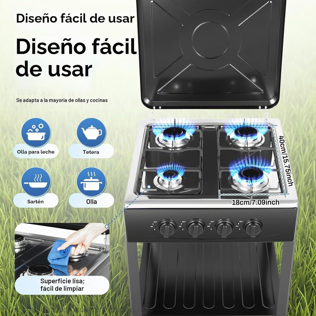 Detalles de la cocina a gas de 4 hornillas