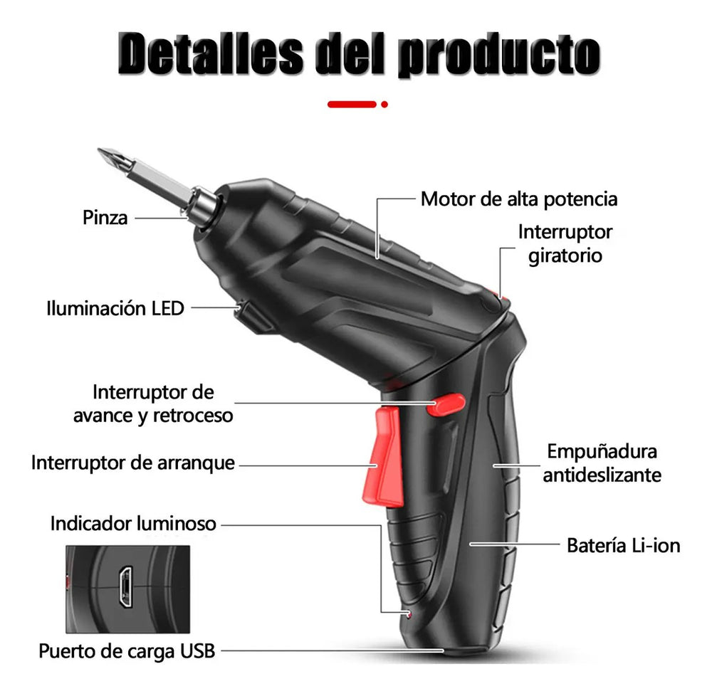 Destornillador Eléctrico — Atornillador inalámbrico 3.6V con maletín de puntas