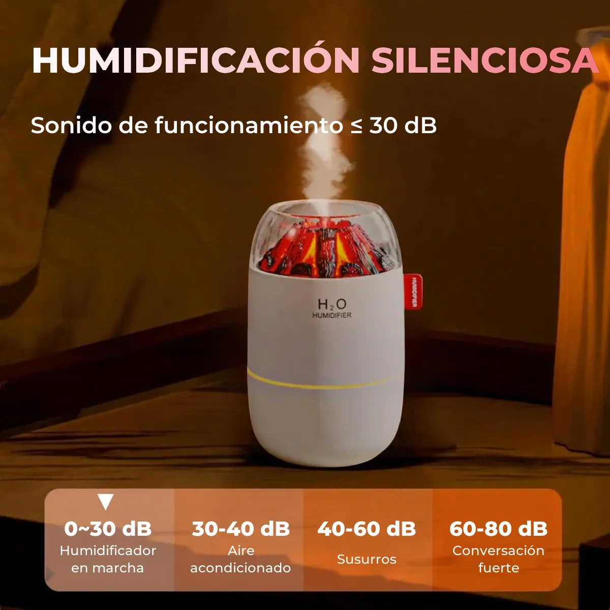 Humidificación silenciosa, sonido de funcionamiento menor o igual a 30 dB