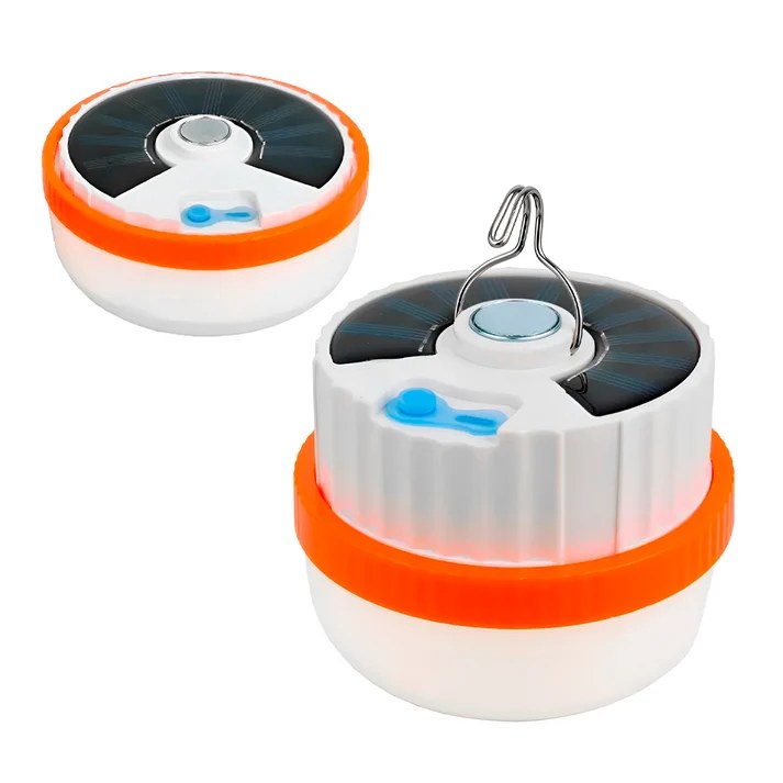 Bombilla con Panel Solar — Luz LED recargable por sol y USB, con gancho para colgar