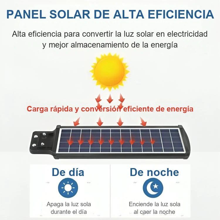 Lámpara solar instalada en un poste iluminando de noche