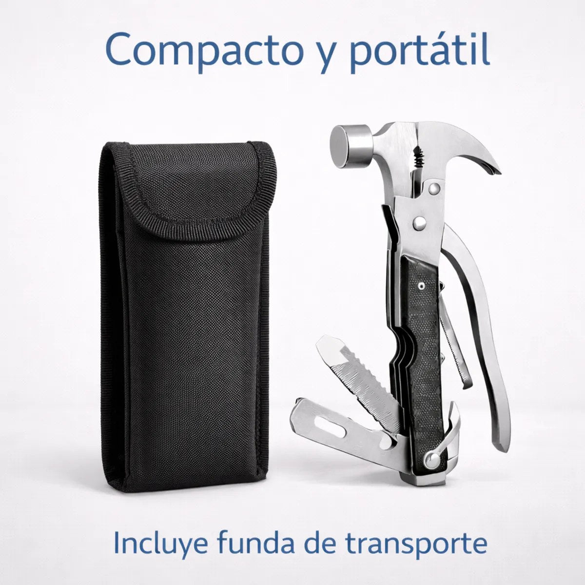 Martillo multiuso plegado junto a su funda de transporte
