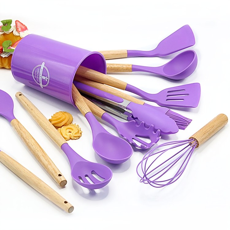 Juego de Utensilios de Cocina — 12 piezas de silicona con mango de madera y base, no rayan tus ollas