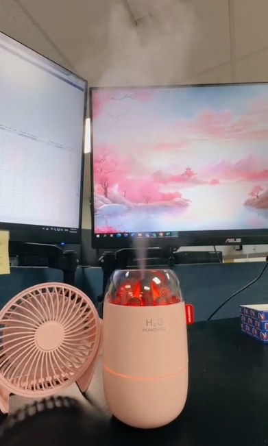 Foto real de Valentina Soto con el humidificador rosado en la oficina